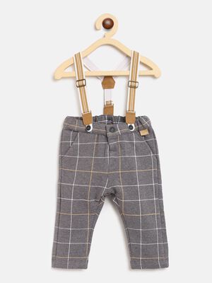 Fleece Long Trousers Woth Suspenders-Check Pattern